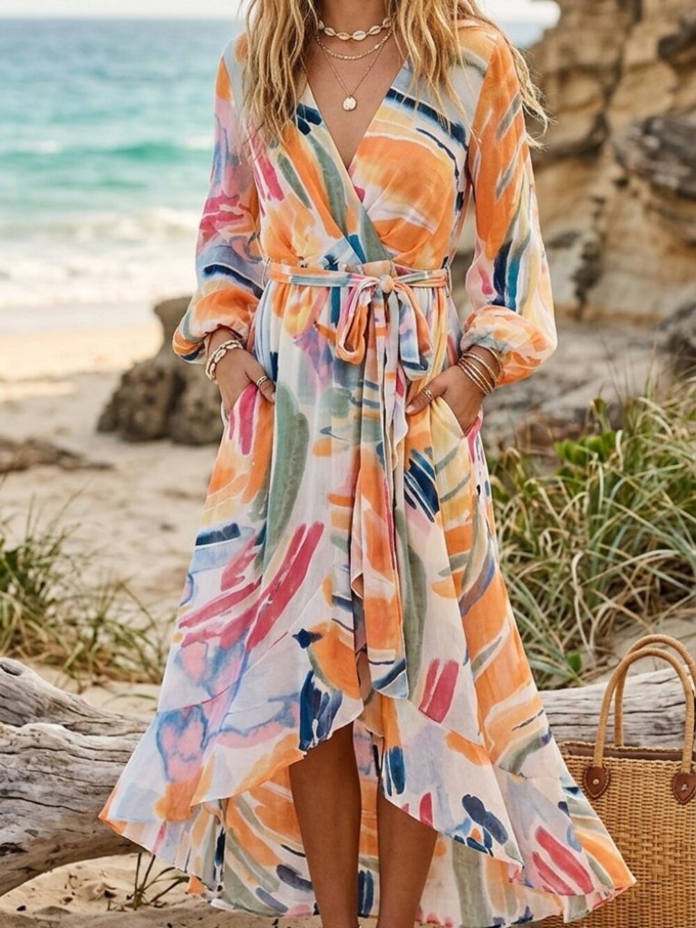 Abstract Print Maxi Dress Boho Resort Vacation Tie Waist Long Sleeve Small